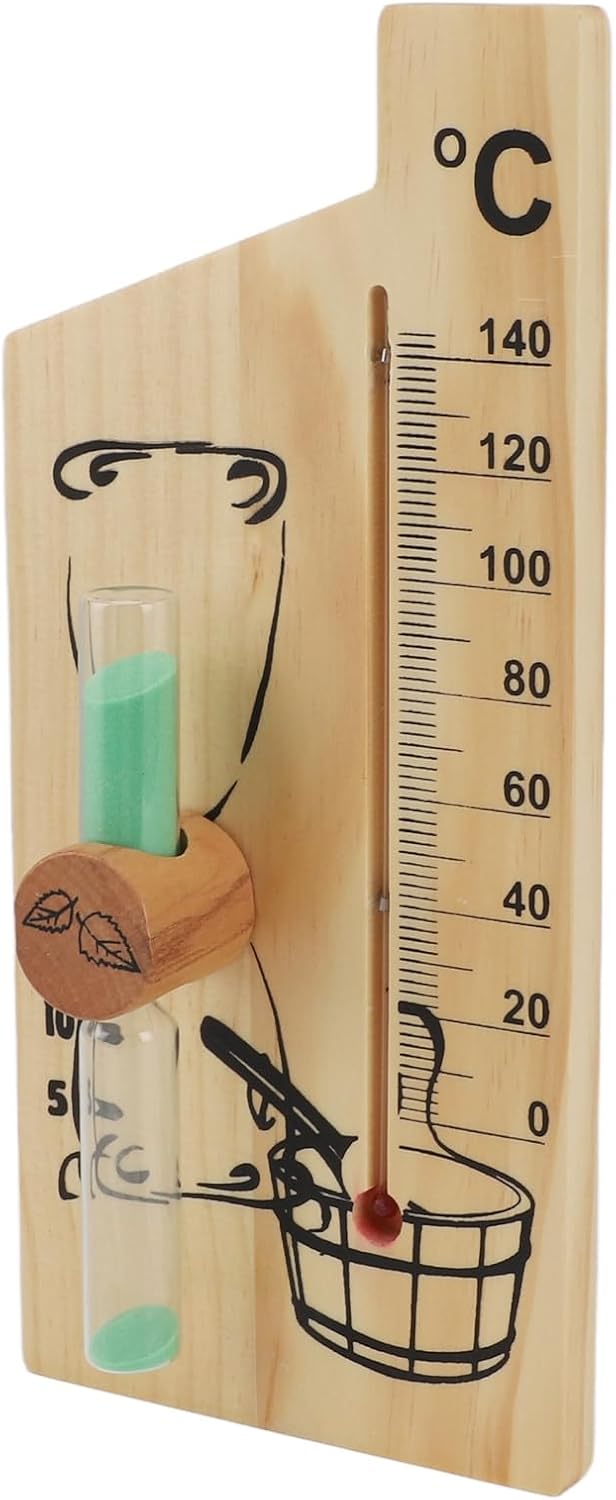 Thermometer and hourglass timer for sauna sessions
