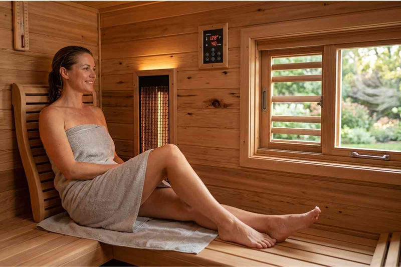 Woman relaxing inside a far infrared sauna cabin with warm cedar interior